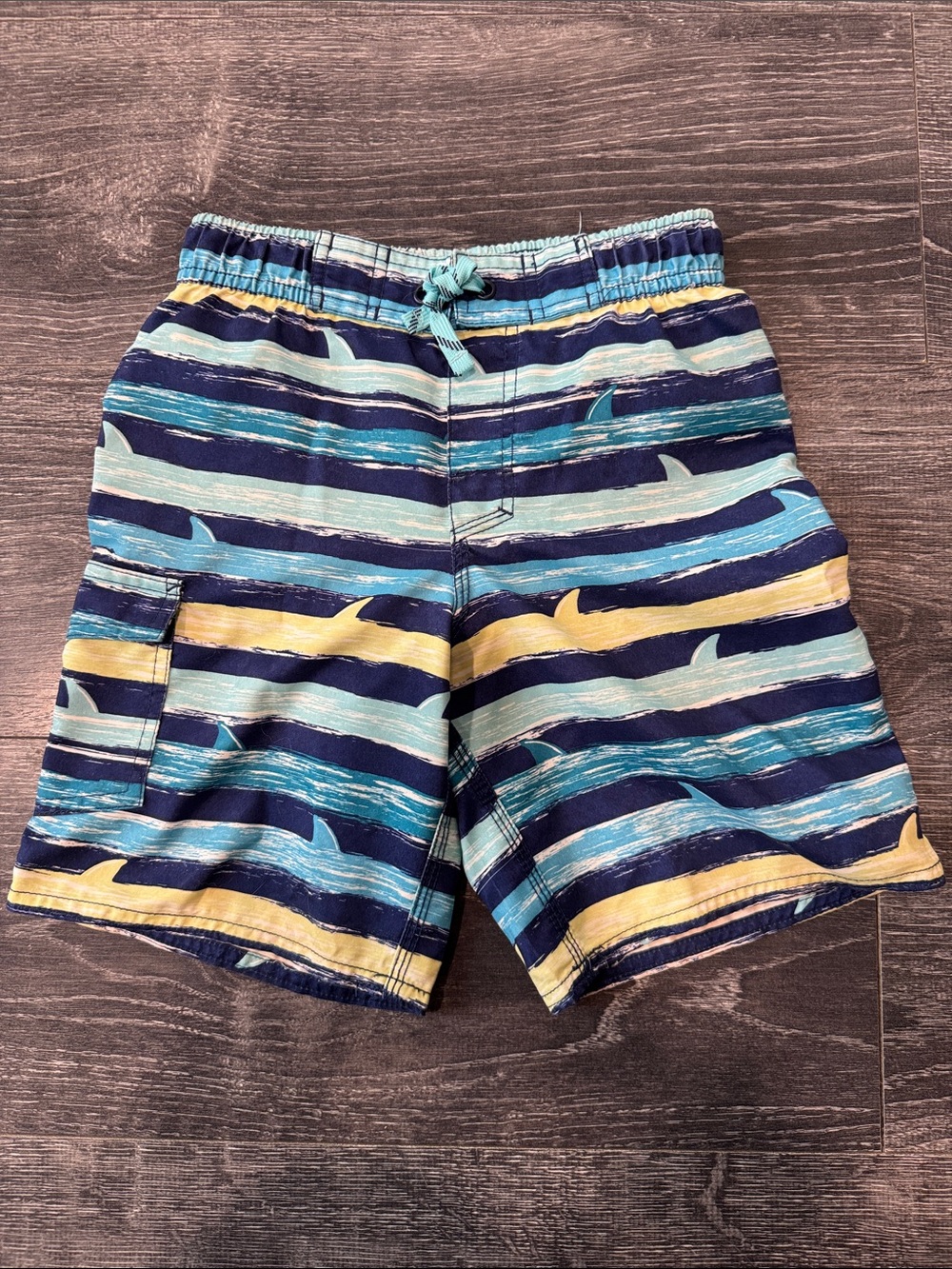 L.L. Bean Boys' Navy, Light Blue & Yellow Shark Stripe Swim Trunks